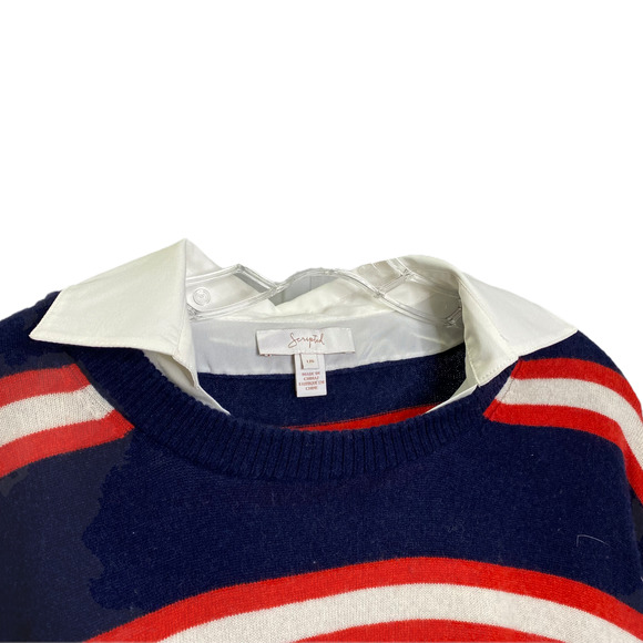Scripted Women's Sweater Navy Red Striped Collared‎ Pullover Wool Cashmere Sz L - Picture 5 of 6